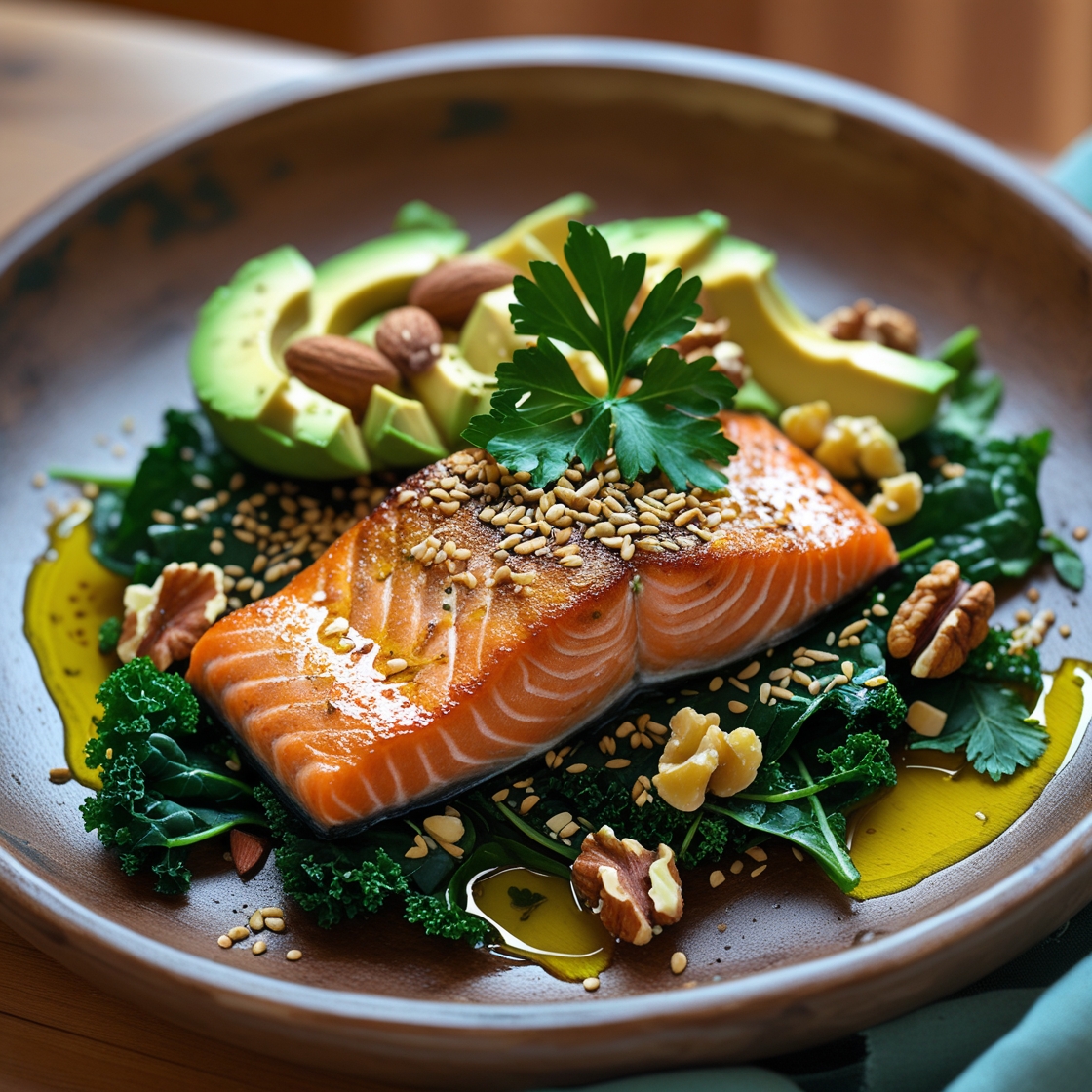 A vibrant and appetising image of a healthy meal rich in omega 3 nutrients, featuring a pan-seared salmon fillet with a crispy skin, served atop a bed of fresh green leafy vegetables such as kale and spinach, accompanied by sliced avocado, a sprinkle of chopped nuts including walnuts and almonds, and a scattering of sesame seeds, all drizzled with a golden olive oil and garnished with a few fresh parsley leaves, arranged on a rustic wooden plate or a ceramic dish with an earthy tone, with a shallow depth of field to emphasise the freshness and texture of the ingredients, set against a warm and inviting background with a subtle natural light.