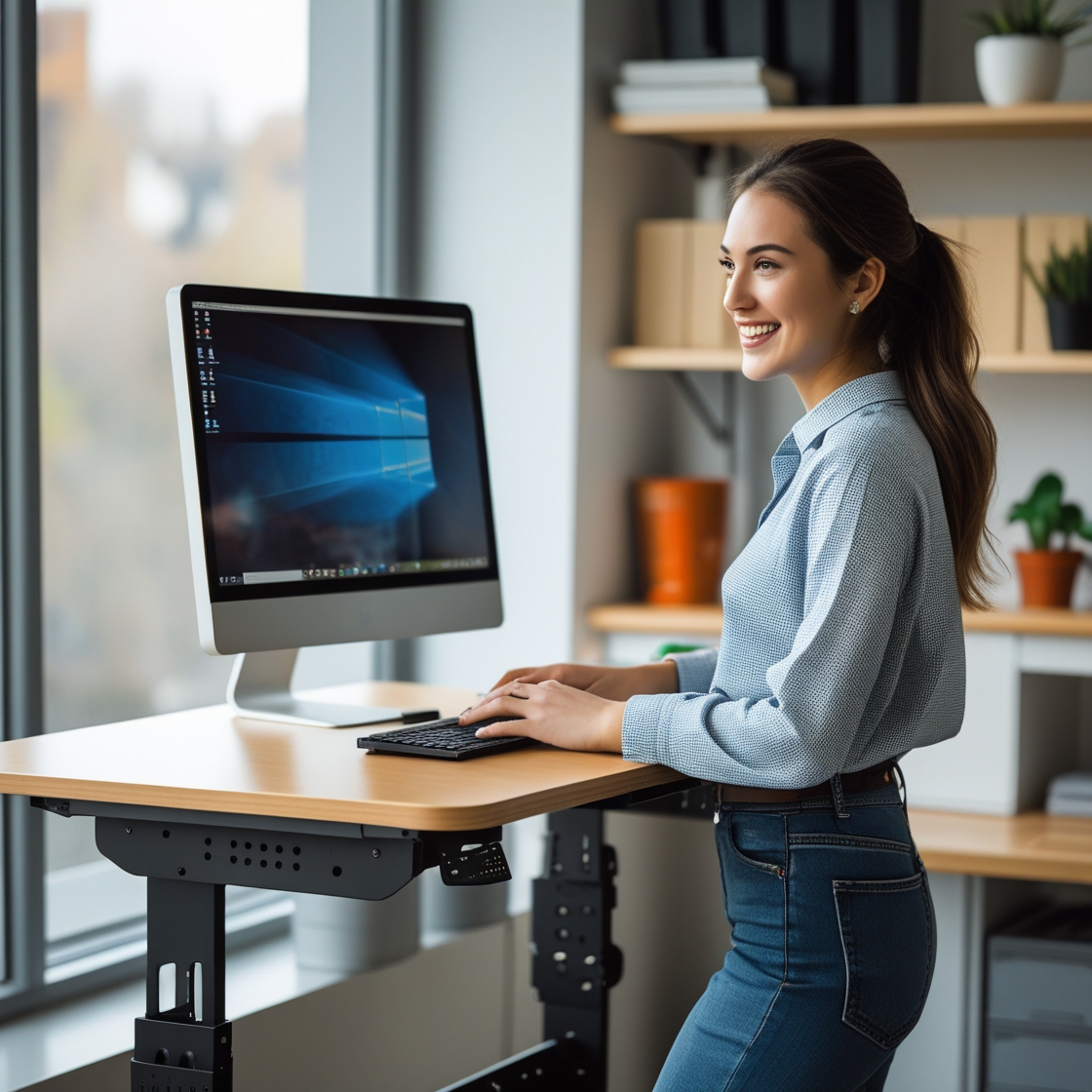 A young woman standing and working before an ergonomically designed standing workplace desk.