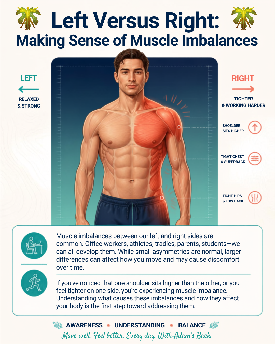 Left Versus Right: Making Sense of Muscle Imbalances Muscle imbalances between our left and right sides are common. Office workers, athletes, tradies, parents, students—we can all develop them. While small asymmetries are normal, larger differences can affect how you move and may cause discomfort over time. If you've noticed that one shoulder sits higher than the other, or you feel tighter on one side, you're experiencing muscle imbalance. Understanding what causes these imbalances and how they affect your body is the first step toward addressing them.